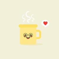 Cup kawaii emoji with cheeks and eyes. Colored beautiful doodle cups character in flat designs with cute cartoon faces. Hot coffee and tea. Vector illustration.