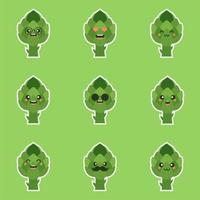 cute and kawaii artichoke Cartoon Vegetable Food Character Emoji Vector Illustration. healthy food, nutrients, diet. Vitamins and minerals. Health benefits of vegetable. Funny character.