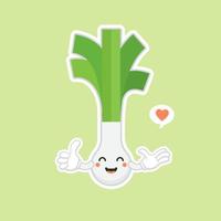 personaje de dibujos animados de cebollín lindo y kawaii. carácter de cebolletas. vector de cebolletas. cebolletas sobre fondo de color. ilustración de dibujos animados de verduras de puerro sonriente