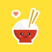 personaje de tazón de arroz lindo y kawaii aislado sobre fondo de color. tazón de arroz con emoji y expresión. puede usarse para restaurante, resto, mascota, elemento cultural asiático, comida china, comida japonesa, menú. vector