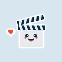 Cute Cartoon Clapperboard Character Vector Icon Illustration. Kawaii Clapperboard Mascot, Movie Icon Concept. Flat Cartoon Style Suitable for Web Landing Page, Banner, Sticker, Background
