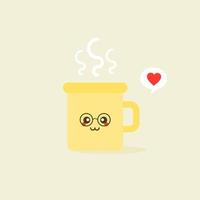 Cup kawaii emoji with cheeks and eyes. Colored beautiful doodle cups character in flat designs with cute cartoon faces. Hot coffee and tea. Vector illustration.