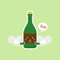 cute and kawaii wine bottles over green background, colorful design. flat design vector illustration. Cartoon kawaii Champagne with Smile and Smiling eyes. Cute Champagne bottle