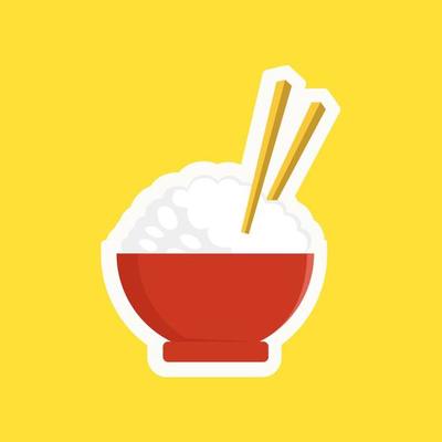 Japanese or chinese food rice dishes icon set. Bowl of rice with chopsticks, asian cuisine flat cartoon vector icons.