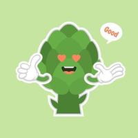 lindo y kawaii personaje de dibujos animados de alcachofa diseño plano, vitaminas, verduras, alimentos saludables, nutrientes, dieta. vitaminas y minerales. beneficios para la salud de la alcachofa. personaje divertido vector