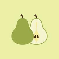 Half cut green pear with Green Leaves and pear Slice. Vector . Half pear. Sliced green fruit. Ingredient with vitamins. Vegan sweet food. Flat cartoon illustration