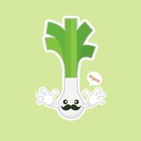 personaje de dibujos animados de cebollín lindo y kawaii. carácter de cebolletas. vector de cebolletas. cebolletas sobre fondo de color. ilustración de dibujos animados de verduras de puerro sonriente