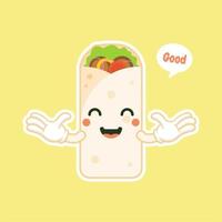 cute and kawaii shawarma kebab cartoon comic character with smiling face tasty wrapped fastfood. emoji kawaii. can be used in restaurant menu,Healthy food. Culinary ingredient. vector