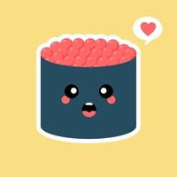 Cute Kawaii Sushi roll with caviar. Japanese traditional meal. Cartoon manga style. Funny anime character with happy face. Flat design. Trendy Vector illustration. Logo template