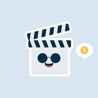 Cute Cartoon Clapperboard Character Vector Icon Illustration. Kawaii Clapperboard Mascot, Movie Icon Concept. Flat Cartoon Style Suitable for Web Landing Page, Banner, Sticker, Background