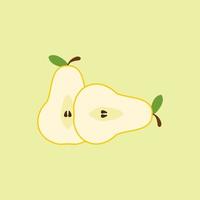 Half cut green pear with Green Leaves and pear Slice. Vector . Half pear. Sliced green fruit. Ingredient with vitamins. Vegan sweet food. Flat cartoon illustration