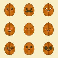 cute and kawaii walnut flat design vector illustration. walnut emoji, emoticon with many expression face