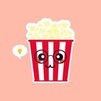 Cute and Kawaii Pop Corn Popcorn in Red Bucket Box Cinema Snack Vector Illustration Cartoon Character Icon in flat design.