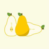 Half cut yellow pear with Green Leaves and pear Slice. Vector . Half pear. Sliced yellow fruit. Ingredient with vitamins. Vegan sweet food. Flat cartoon illustration