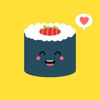 Cute and kawaii sushi roll character. Happy Sushi Roll Cartoon Mascot Character. Vector Illustration Flat Style Isolated On color background