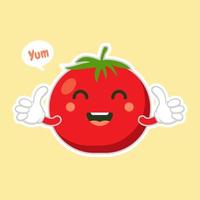 Ilustración de vector de diseño plano de personaje de tomate lindo y kawaii. ilustración de vector vegetal feliz... comida verde, se puede utilizar en el menú del restaurante, libros de cocina y etiqueta de granja orgánica