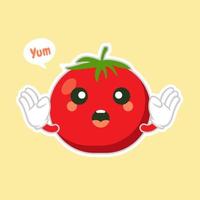 Ilustración de vector de diseño plano de personaje de tomate lindo y kawaii. ilustración de vector vegetal feliz... comida verde, se puede utilizar en el menú del restaurante, libros de cocina y etiqueta de granja orgánica