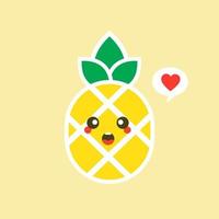 fruta de piña feliz con cara kawaii linda, personaje vegetariano divertido con frase, ilustración de estilo plano para afiche infantil y diseño de camiseta de verano, aislado en fondo de color vector