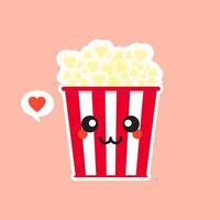 lindo y kawaii palomitas de maíz en caja de cubo rojo bocadillo de cine ilustración vectorial icono de personaje de dibujos animados en diseño plano. vector