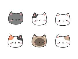 Set of Cute Kitty Cat Head Cartoon Doodle Element