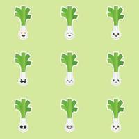 personaje de dibujos animados de cebollín lindo y kawaii. carácter de cebolletas. vector de cebolletas. cebolletas sobre fondo de color. ilustración de dibujos animados de verduras de puerro sonriente