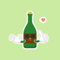 Botellas de vino lindas y kawaii sobre fondo verde, diseño colorido. ilustración vectorial de diseño plano. champán kawaii de dibujos animados con sonrisa y ojos sonrientes. linda botella de champán vector