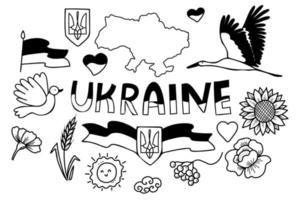 Vector set Ukrainian symbol. Flag and sunflower, stork and dove, spikelet of grain and poppy, map of Ukraine. Vector illustration. Hand drawn linear doodle for ukrainian theme design and decoration