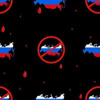 Seamless pattern with Russian prohibition sign. Russia map in colors of national flag in round red crossed circle on black background with drops of blood. Vector illustration