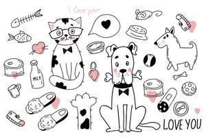 Collection of pets. Cute characters dog with bone and cat with glasses, house slippers, food and animal feed, paw and sausage. Vector illustration. Isolated linear hand drawn for design and decor