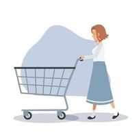 concepto de compras.una mujer va de compras. la mujer está empujando un carrito de compras vacío. ilustración de personaje de dibujos animados de vector plano.