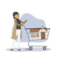 House for Sale,Purchase Real Estate,Buy House concept. Woman Buying house in Shopping Cart.Flat vector cartoon character illustration