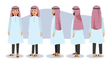 Cartoon character of muslim,arab man. front, side, back, 3-4 view character. flat vector illustration.