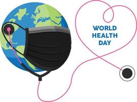 Globe with mask using stethoscope for checking heart. World day concept. Colored flat vector illustration.