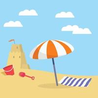 hermosa playa con sombrillas, colchonetas y castillos de arena durante el día. ilustración vectorial