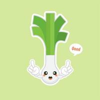 personaje de dibujos animados de cebollín lindo y kawaii. carácter de cebolletas. vector de cebolletas. cebolletas sobre fondo de color. ilustración de dibujos animados de verduras de puerro sonriente