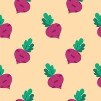 beet root flat design seamless pattern. Seamless pattern with leaves and vegetable Beet root. Vector illustration of art. Vintage background. Kitchen and restaurant design for fabrics, paper