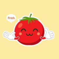 Ilustración de vector de diseño plano de personaje de tomate lindo y kawaii. ilustración de vector vegetal feliz... comida verde, se puede utilizar en el menú del restaurante, libros de cocina y etiqueta de granja orgánica