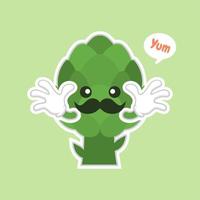 lindo y kawaii personaje de dibujos animados de alcachofa diseño plano, vitaminas, verduras, alimentos saludables, nutrientes, dieta. vitaminas y minerales. beneficios para la salud de la alcachofa. personaje divertido vector