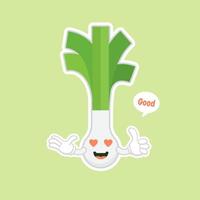 personaje de dibujos animados de cebollín lindo y kawaii. carácter de cebolletas. vector de cebolletas. cebolletas sobre fondo de color. ilustración de dibujos animados de verduras de puerro sonriente