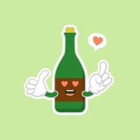 Botellas de vino lindas y kawaii sobre fondo verde, diseño colorido. ilustración vectorial de diseño plano. champán kawaii de dibujos animados con sonrisa y ojos sonrientes. linda botella de champán vector