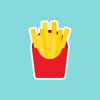 french fries fast food menu, cartoon style vector illustration on blue background with place for text. Funny laughing character with eyes, heart, and a smile