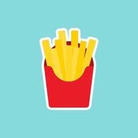 french fries fast food menu, cartoon style vector illustration on blue background with place for text. Funny laughing character with eyes, heart, and a smile