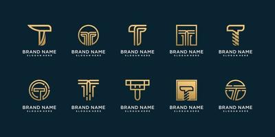 Set of letter T logo collection with golden abstract concept for company or person Premium Vector