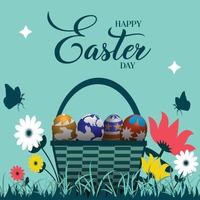 cartel de pascua y plantilla de pancarta con huevos de pascua en el nido sobre fondo verde claro.saludos y regalos para el día de pascua en estilo plano.promoción y plantilla de compras para pascua vector