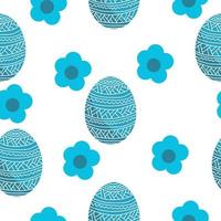 huevos de Pascua en un patrón transparente de color azul claro, huevos de vacaciones estampados y flores azules sobre un fondo blanco vector