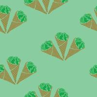 Ice cream cone seamless pattern, groups of pistachio ice cream on a light green background vector