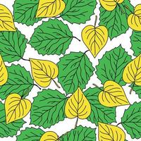 Round shape leaves seamless pattern, yellow and green autumn leaves in doodle style on a white background vector