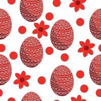 huevos de pascua en color rojo patrón sin costuras, huevos de vacaciones estampados, flores y puntos sobre un fondo blanco vector