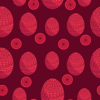 huevos de pascua en color rojo patrón sin costuras, huevos de vacaciones estampados y círculos sobre un fondo rojo oscuro vector