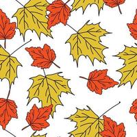 Maple and viburnum leaves shaped seamless pattern, yellow and red autumn leaves in doodle style on a white background vector